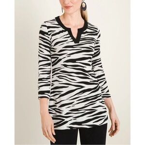 Chico's Travelers Split Neck 3/4 Sleeve Top in Zebra Print Size 0 or US 4